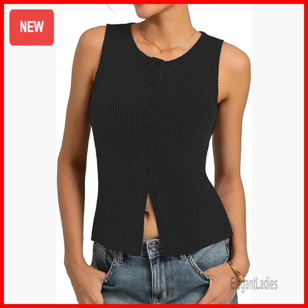 Ribbed Knit Sleeveless Sweater Vest, Button Up Tank Top, Y2K Trendy
